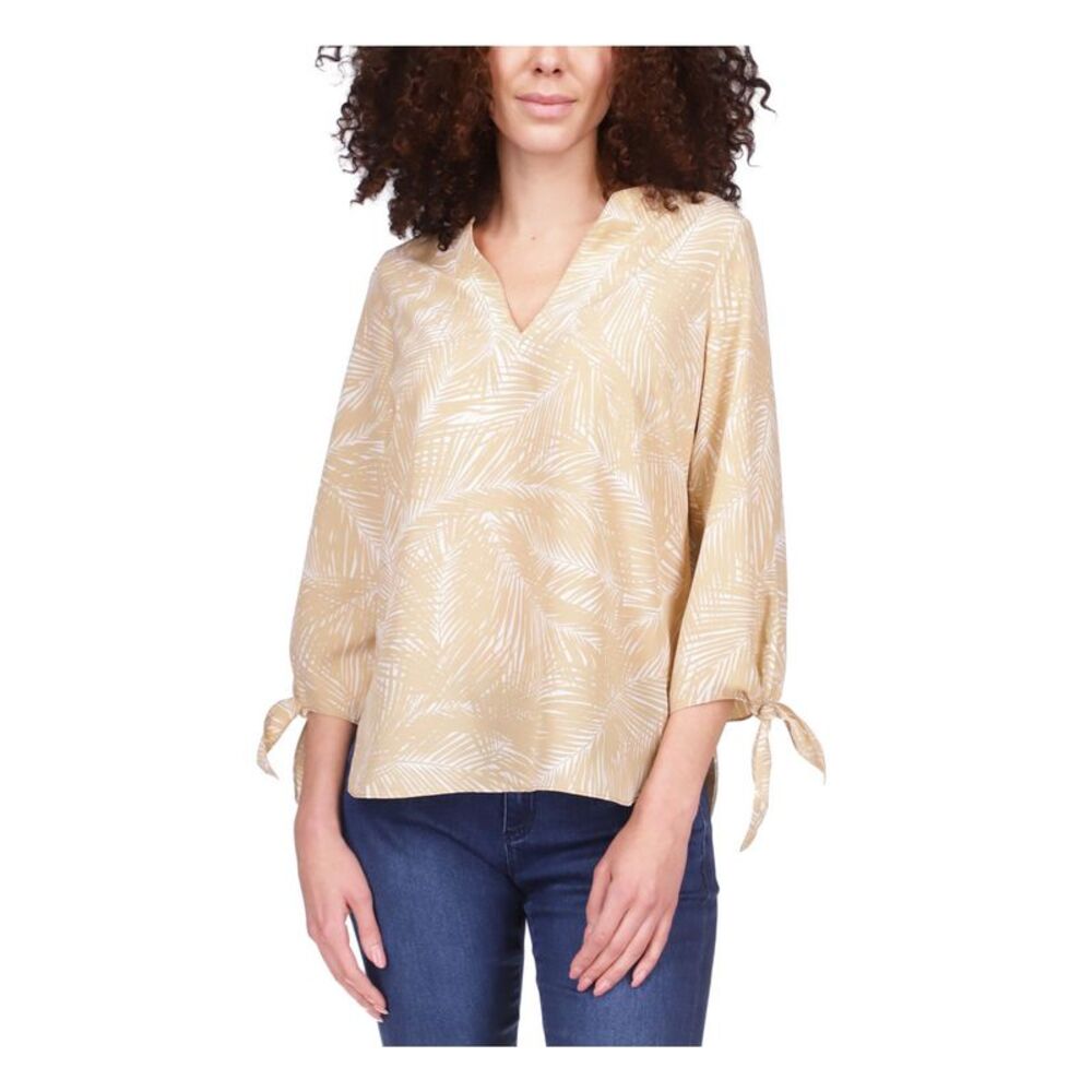 MICHAEL MICHAEL KORS Womens Beige Tie Darted Round Hem 3/4 Sleeve V Neck Top XS